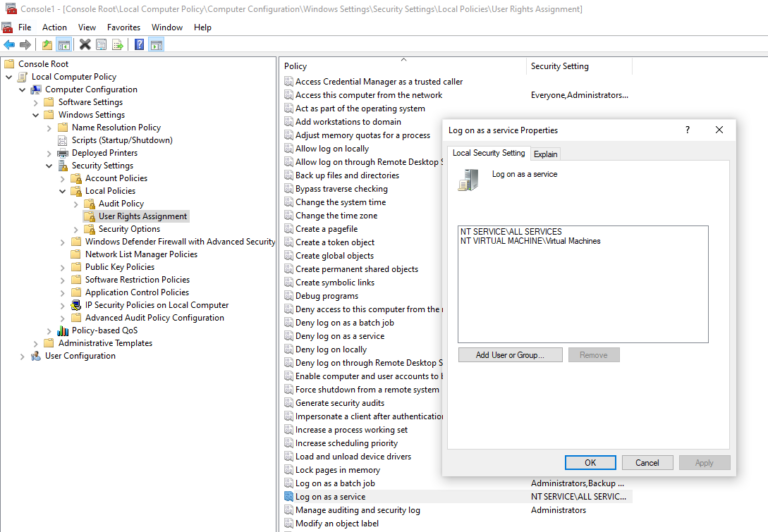 cannot edit user rights assignment local security policy